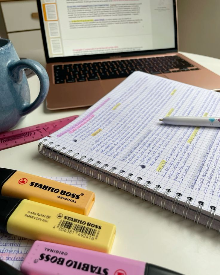 Cahier de notes juridiques annoté devant un ordinateur pour préparer une fiche d’arrêt